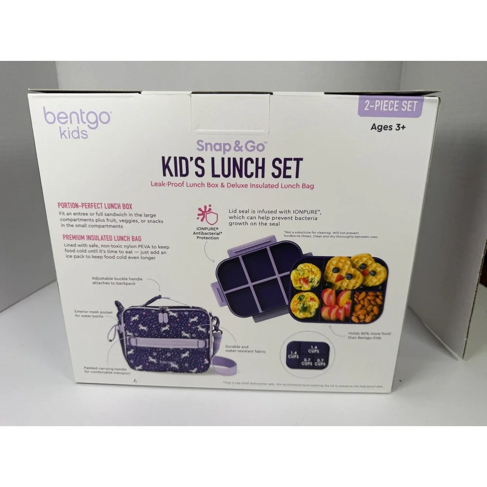 Bentgo Kids Lunch box Set Kids Purple New Unicorn Galaxy Snap & Go 2-Piece Set